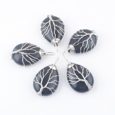 Black Obsidian Stone Teardrop Pendant Wire Wrap Tree of Life Charms Jewelry 5Pcs