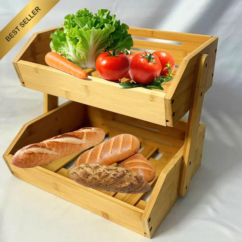 Large Bamboo Fruit Basket 2-Tier Portable Fruit Bowle Basket | Kitchen Counter,