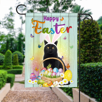 Black Cat Happy Easter Flag, Black Cat Easter Egg Flag, Bunny Black Cat Flag