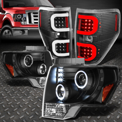 ДЛЯ 09-14 FORD F150 СВЕТОДИОДНАЯ ФАРА HALO RING PROJEACTOR + 3D ЗАДНИЙ ФОНАРЬ C-ОБРАЗНОЙ ФОРМЫ ЧЕРНЫЙ