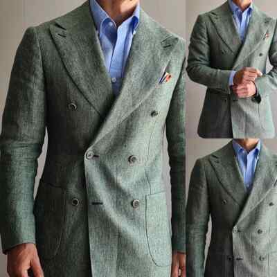 Men's Linen Suits Peak Lapel Tuxedos Double Breasted Groom Wear For Wedding