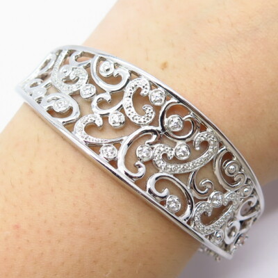 925 Sterling Silver Ornate Swirl Hinged Bangle Bracelet 7