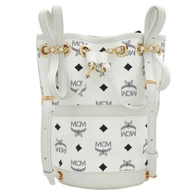 Pre-owned Mcm Ladies Baren Chain Backpack In Visetos - White Mwkdata01wt001