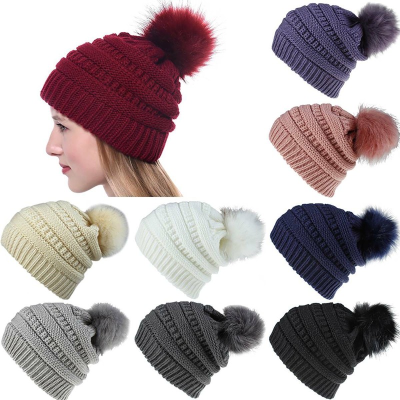 Damen Pom Pom Wintermütze Strickmütze Beanie Mütze Bommelmütze Warm Skimützen