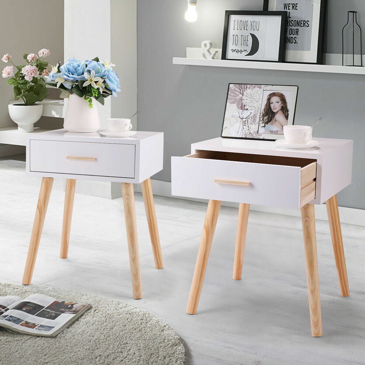 Set Of 2 White Bedside Tables Cabinets Nightstand Unit Wooden