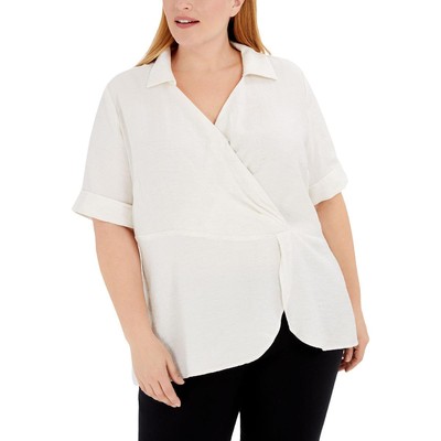 Alfani Womens Ivory Drape Surplice Faux Wrap Top Shirt Plus 1X BHFO 9415