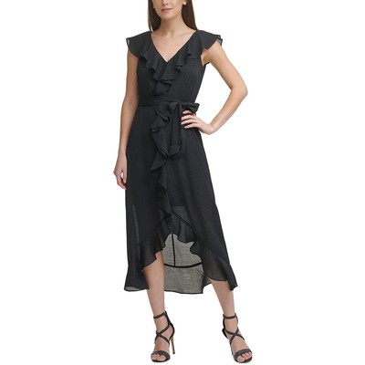 

Черное шифоновое миди-платье DKNY с оборками и V-образным вырезом  BHFO 1527, Черный