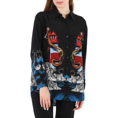 Pre-owned Burberry Ladies Mermaid Printed Silk Shirt In Black