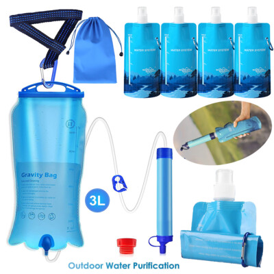 3L Gravity Water Filter Camping Water Purifier System+4 Water Bag Pouch Foldable