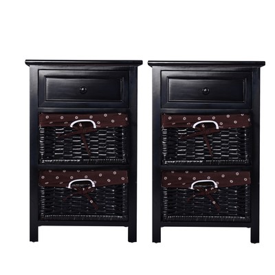 Topbuy 2 PCS 3-tier Bed Side Wood Table Storage Organizer W/2 Rattan Drawers