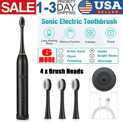 Whitening Black Sonic Toothbrushes Rechargeable +brush Heads