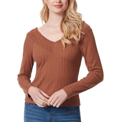 Jessica Simpson Womens Myra Brown Smocked V Neck Top Blouse Shirt S BHFO 4825