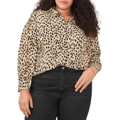 Vince Camuto Womens Tan Animal Print Button-Down Top Shirt Plus 2X BHFO 2182