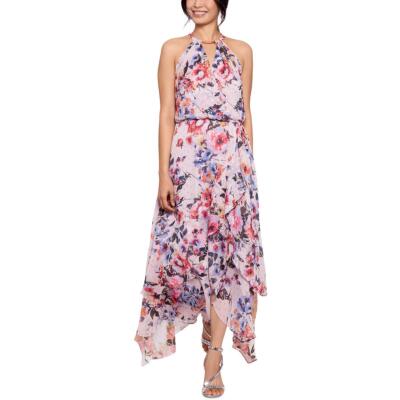 Xscape Womens Pink Floral Print Maxi Keyhole Halter Dress Gown 10 BHFO 4560