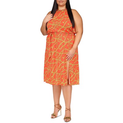 MICHAEL Michael Kors Женское оранжевое миди-платье с цепочкой на шее Плюс 1X BHFO 4565