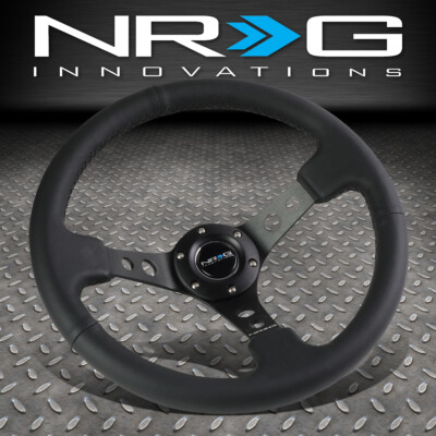 УСИЛЕННОЕ NRG 350-МИЛЛИМЕТРОВОЕ АЛЮМИНИЕВОЕ РУЛЕВОЕ КОЛЕСО ИЗ ЧЕРНОЙ КОЖИ С 3-ДЮЙМОВЫМ УГЛУБЛЕНИЕМ ДЛЯ ГОНОК