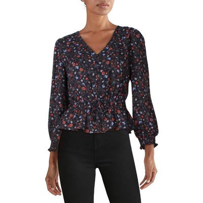 

Женская темно-синяя блузка с цветочным принтом Aqua и V-образным вырезом, рубашка с баской,  BHFO 8174, Navy