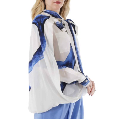 Pre-owned Burberry Ladies Mermaid Tail Print Tie-neck Cape Detail Blouse In Blue