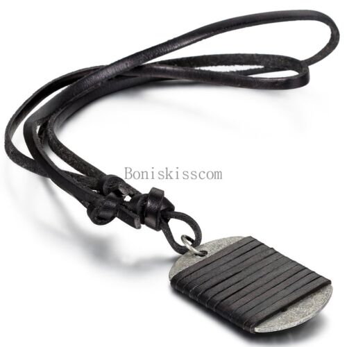 Army Military Dog Tag Men's Black Leather Pendant Necklace w