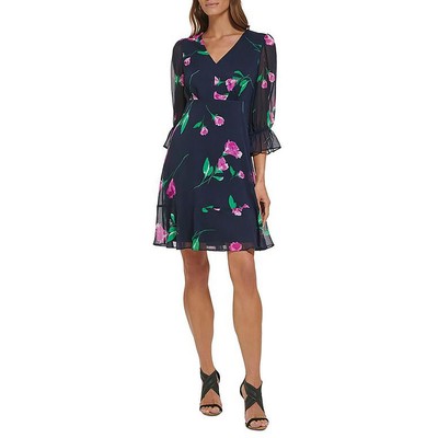 Женское мини-платье DKNY Fit & Flare с V-образным вырезом и цветочным принтом BHFO 6363