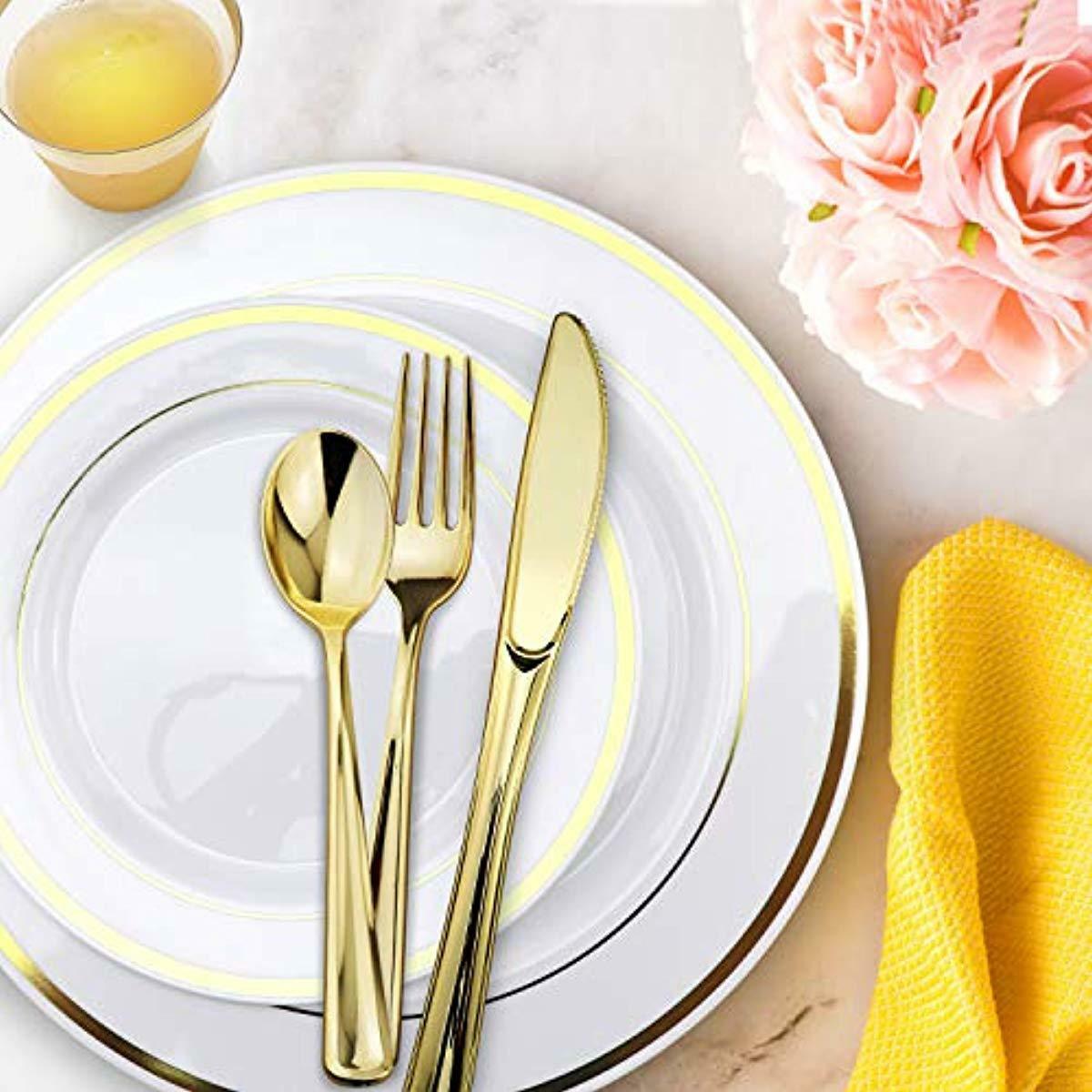 Gold Dinnerware 200 White/Gold Plastic Plates 300 Silverware 100 Cups - 600 PCS