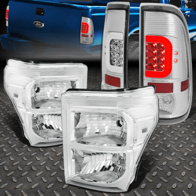 [СВЕТОДИОДНАЯ С-ОБРАЗНАЯ ПЛАНКА] ДЛЯ 2011-2016 FORD SUPER DUTY ХРОМИРОВАННЫЙ ЗАДНИЙ ФОНАРЬ + ПРОЗРАЧНАЯ БОКОВАЯ ФАРА