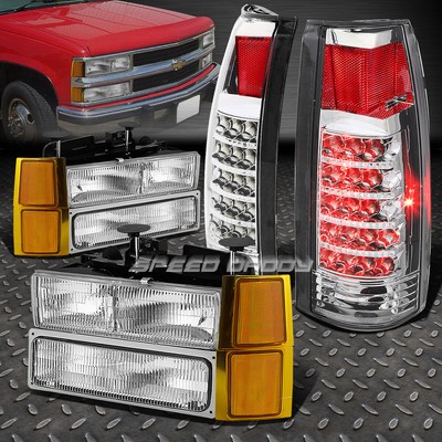 CHROME HOUSING HEADLIGHT+AMBER CORNER+CLEAR REAR LED TAIL LAMP FOR 94-98 C10 C/K