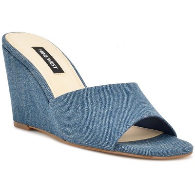 Женские босоножки на танкетке без застежки с квадратным носком Nine West Womens Nesa 7 из искусственного денима BHFO 6435