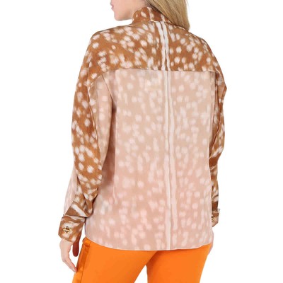 Pre-owned Burberry Ladies Deer Print Silk Shirt With Cape Sleeve In Check Description