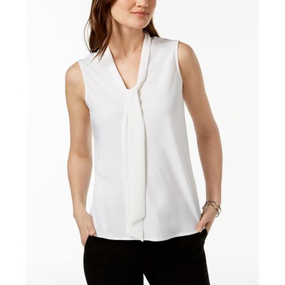 Kasper Womens White Tie Neck Sleeveless Shirt Blouse Top S BHFO 0666