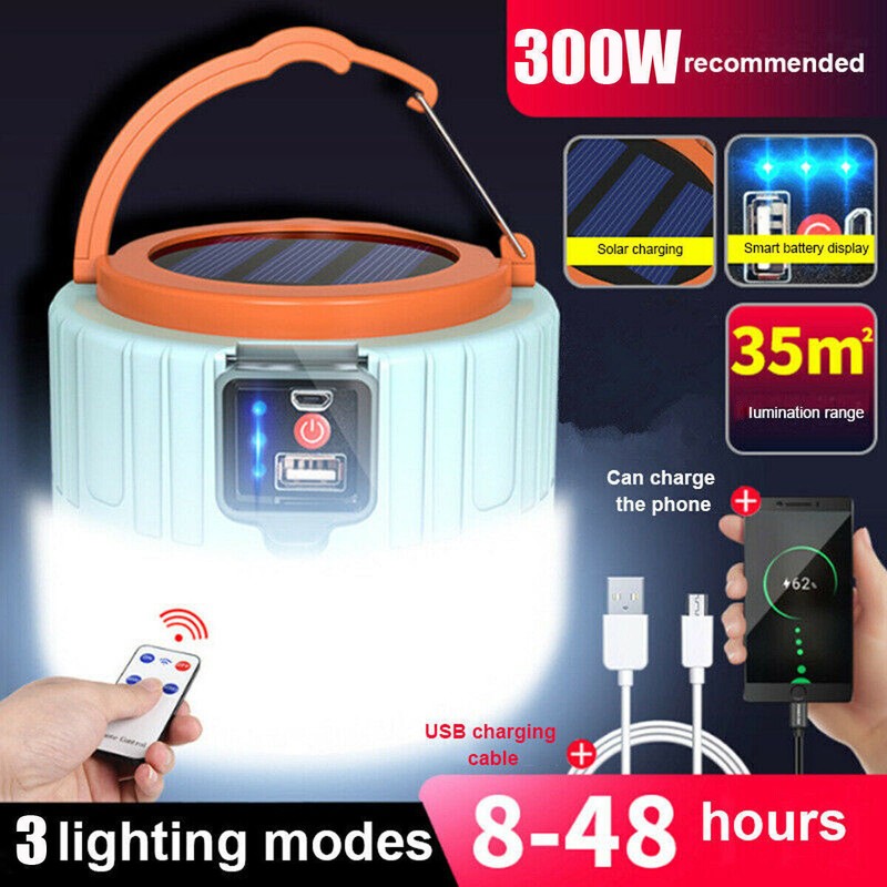 Solar Camping LED Lamp USB Rechargeable Tent Light Outdoor Hiking Remote Lantern