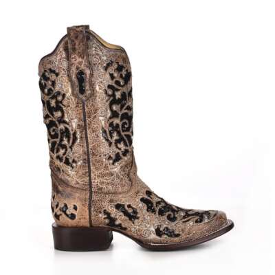 Pre-owned Corral Boots Corral Women's Brown Inlay And Flowered Embroidery And Studs Boot (a3648-ld)
