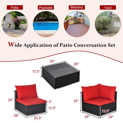 7PCS Patio Rattan Sofa Set Sectional Conversation Furniture Set Garden Red