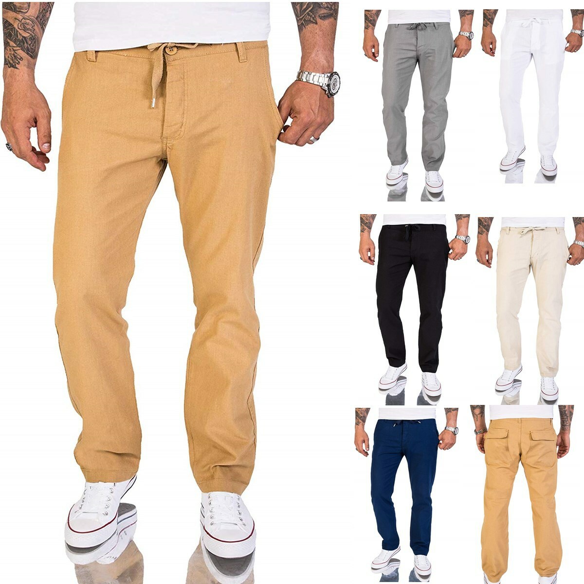 Freizeithose Herren Klassisch Einfarbig Baumwolle Leinen Optik Hosen Stoffhose