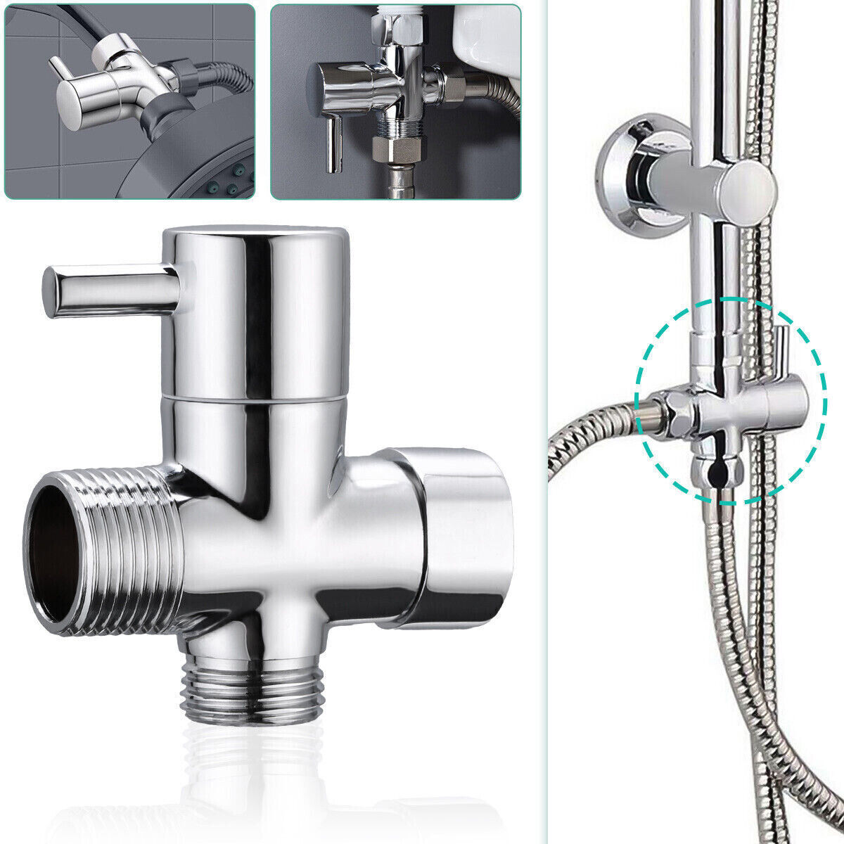 Arm Mount T-adapter Chrome Diverter Valve Splitter Bathroom