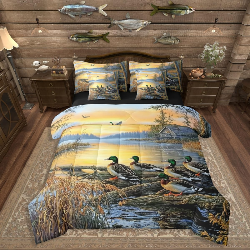 7 Pieces-Mallard Ducks Comforter Set with Bed Sheets King Size Rustic Camo Country Bedding with Pillocase Lake Wild Duck Animals Bed in a Bag Woodland Fishing and Duck Hunting Quilt Set