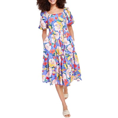 Женское синее платье миди с квадратным вырезом и цветочным принтом Vince Camuto 12 BHFO 2803