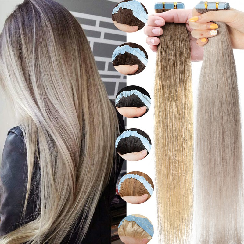 THICK Tape In ON 100% Real Remy Human Hair Extensions Skin Weft FULL HEAD Ombre