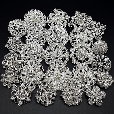Lot 24 pc Mixed Alloy Sliver Rhinestone Crystal Brooch DIY Wedding Bouquet