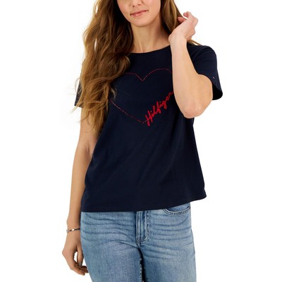Женская темно-синяя футболка Tommy Hilfiger с коротким рукавом и украшениями XS BHFO 2803