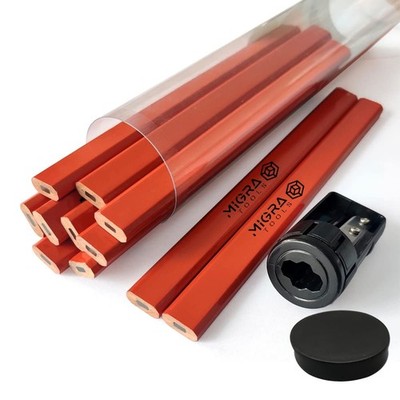 Carpenter Pencils HB Builders Pencil Set with Sharpener & Case Flat Construction