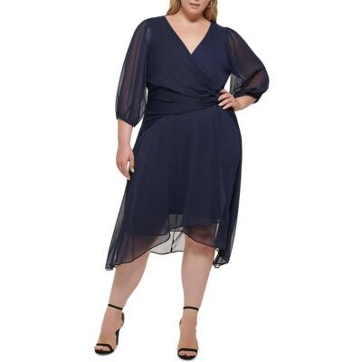 DKNY Womens Surplice Midi Puff Sleeve Fit & Flare Dress Plus BHFO 4394