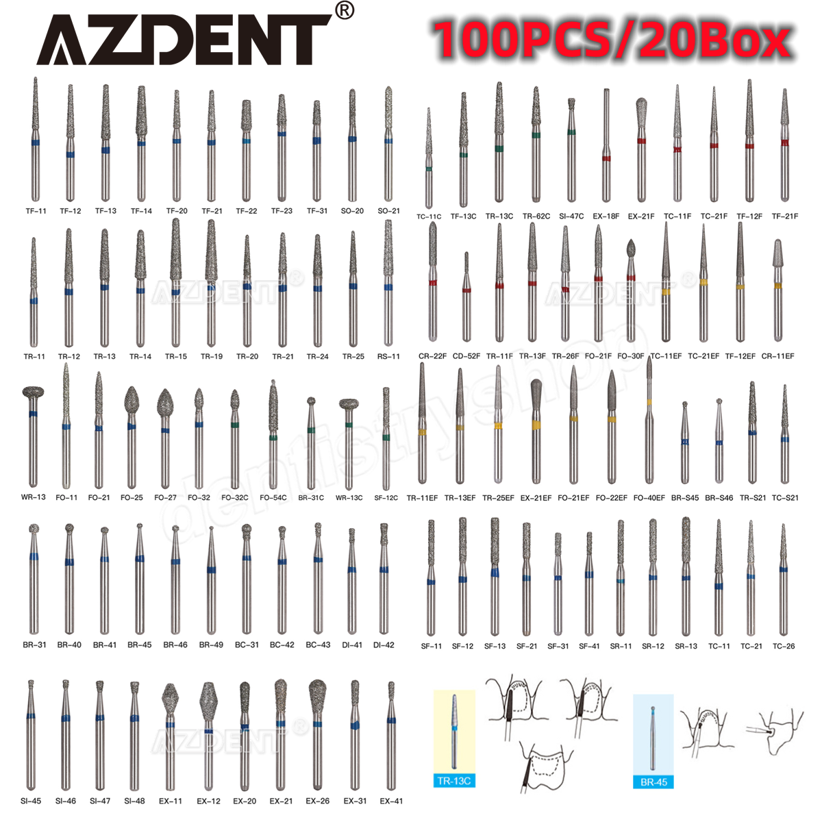 20Packs AZDENT Dental Diamond Burs For High Speed Handpiece Friction Grip 1.6mm