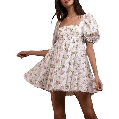 

Sau Lee Alyssa Женское хлопковое мини-платье Babydoll с пышными рукавами и принтом, White multi