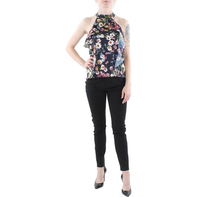 Parker Womens Black Ruffled Tank Floral Halter Top Shirt M BHFO 6708