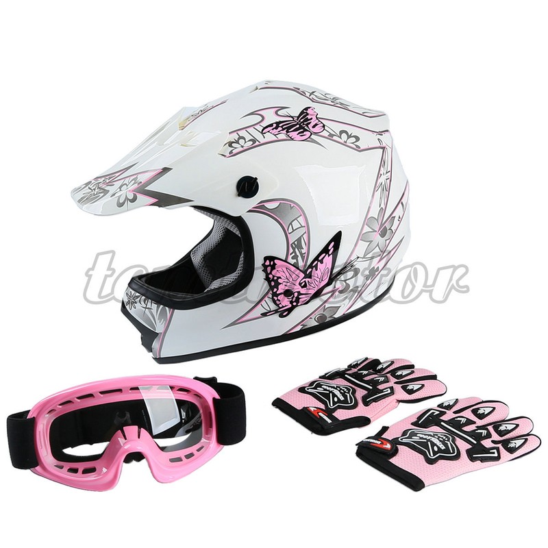 DOT Youth Helmet + Goggles Gloves Girls Kid Dirt Bike ATV Motocross S M L XL