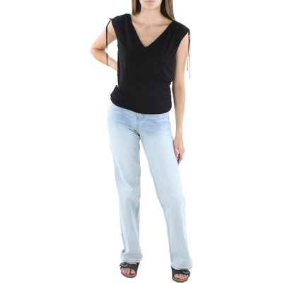 Женская футболка MaxMara Studio Comica черного цвета с V-образным вырезом и рюшами на бретелях, L BHFO 4853