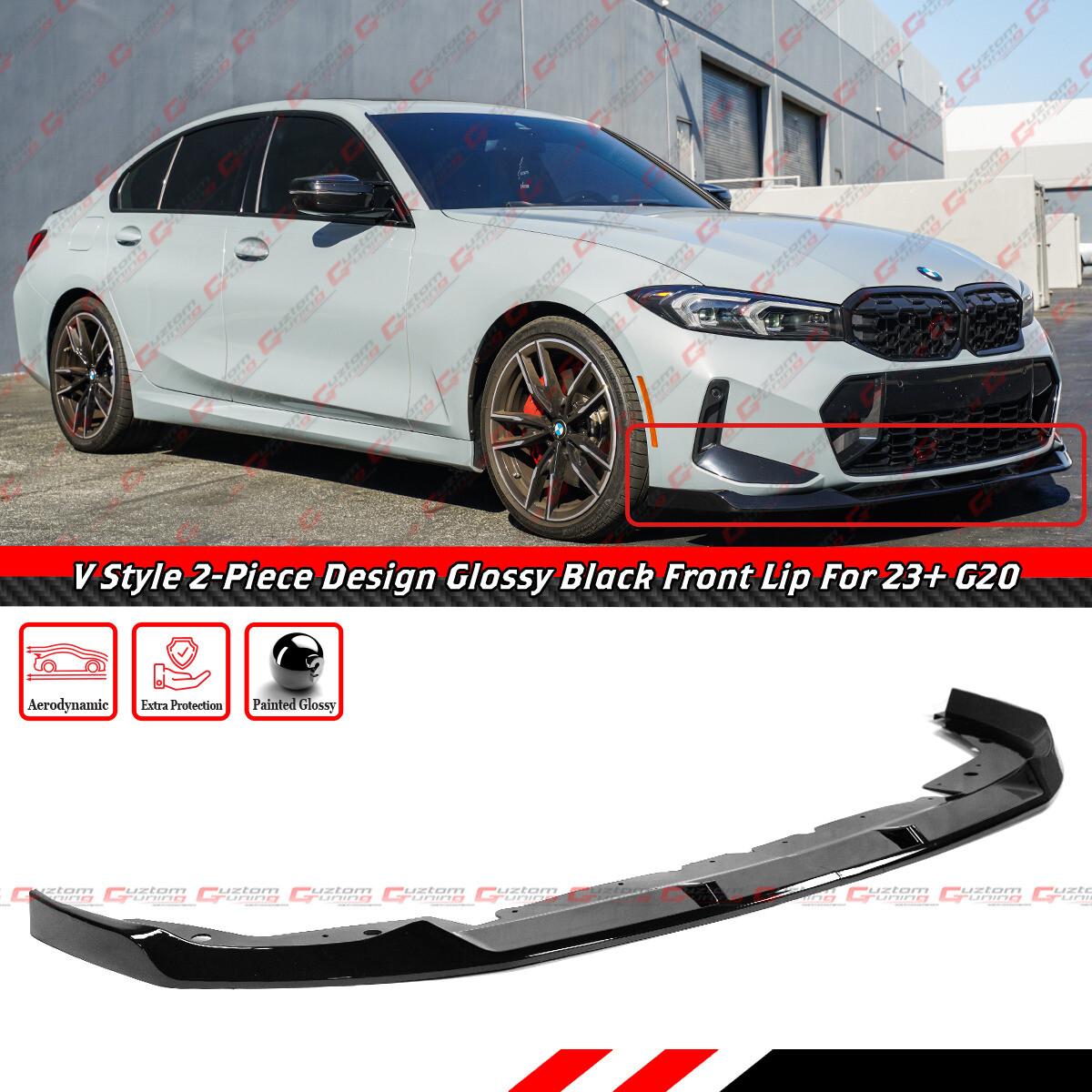 For 2023-26 BMW M340i 330i M Sport G20 LCI V Style Gloss Black Front Bumper Lip