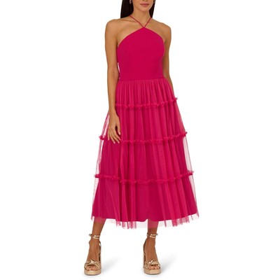 Adrianna Papell Womens Pink Tiered A-Line Halter Midi Dress 4 BHFO 8621