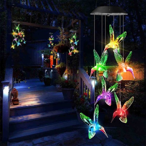 Solar Powered Color-Changing LED Hummingbird Wind Chimes Light Garden Yard Decor